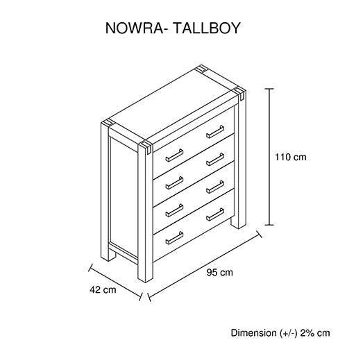 Solid Acacia 4-Piece Bedroom Suite with Tallboy and Bedside Tables