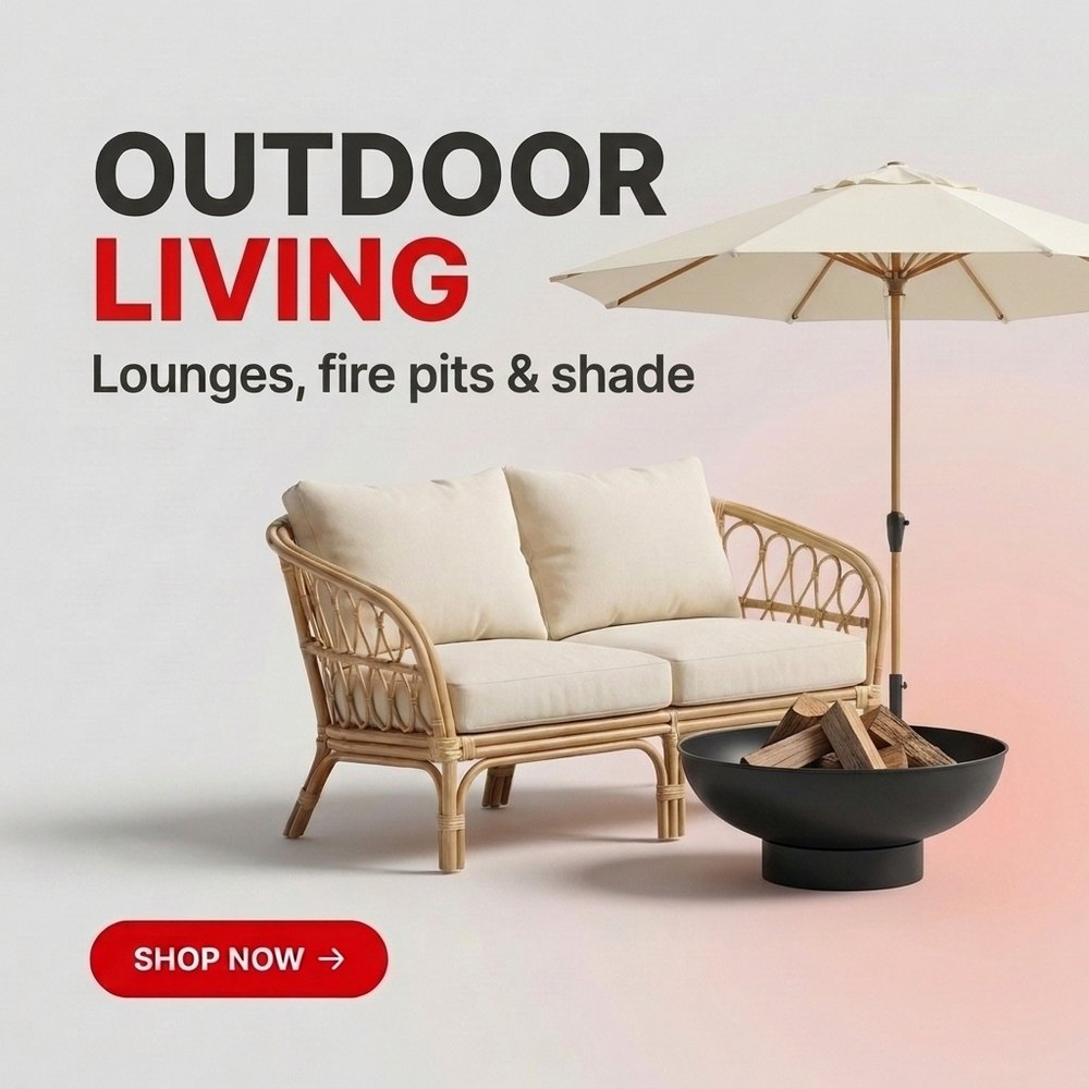 Outdoor living: lounges, fire pits and shade. Shop now.