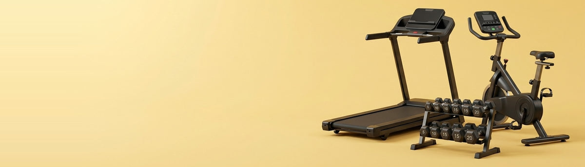 Treadmill, exercise bike and dumbbell rack on a sunshine yellow backdrop