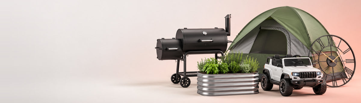 Gift ideas: BBQ smoker, raised garden bed, kids ride-on car, camping tent and wall clock