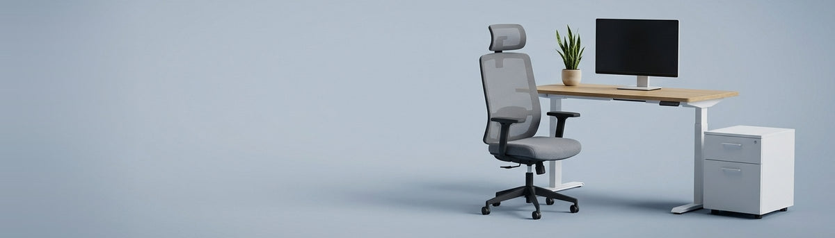 Office hero: standing desk, office chair and drawer cabinet on slate