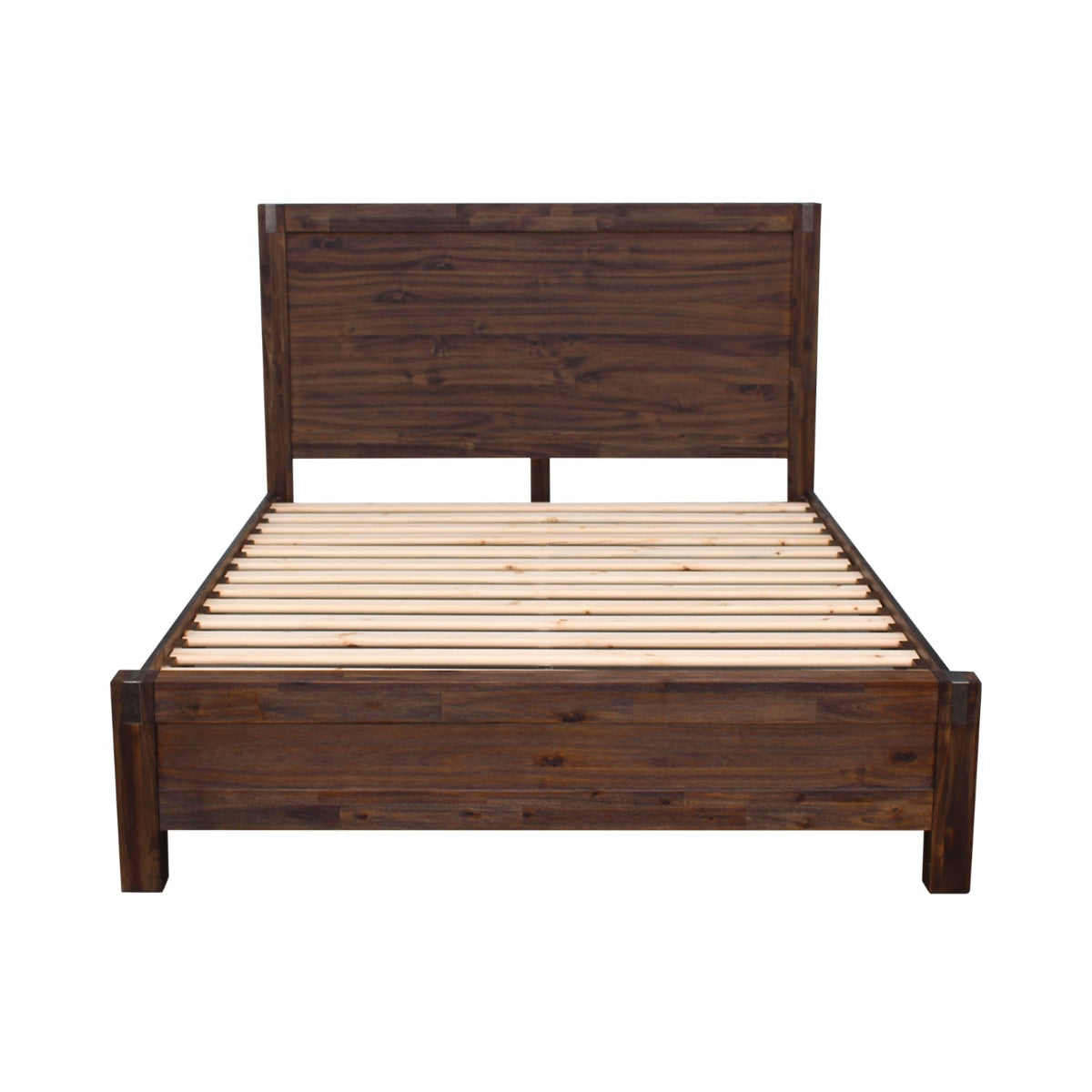 Solid Acacia Queen Bed Frame, Metal Support, Chocolate Finish