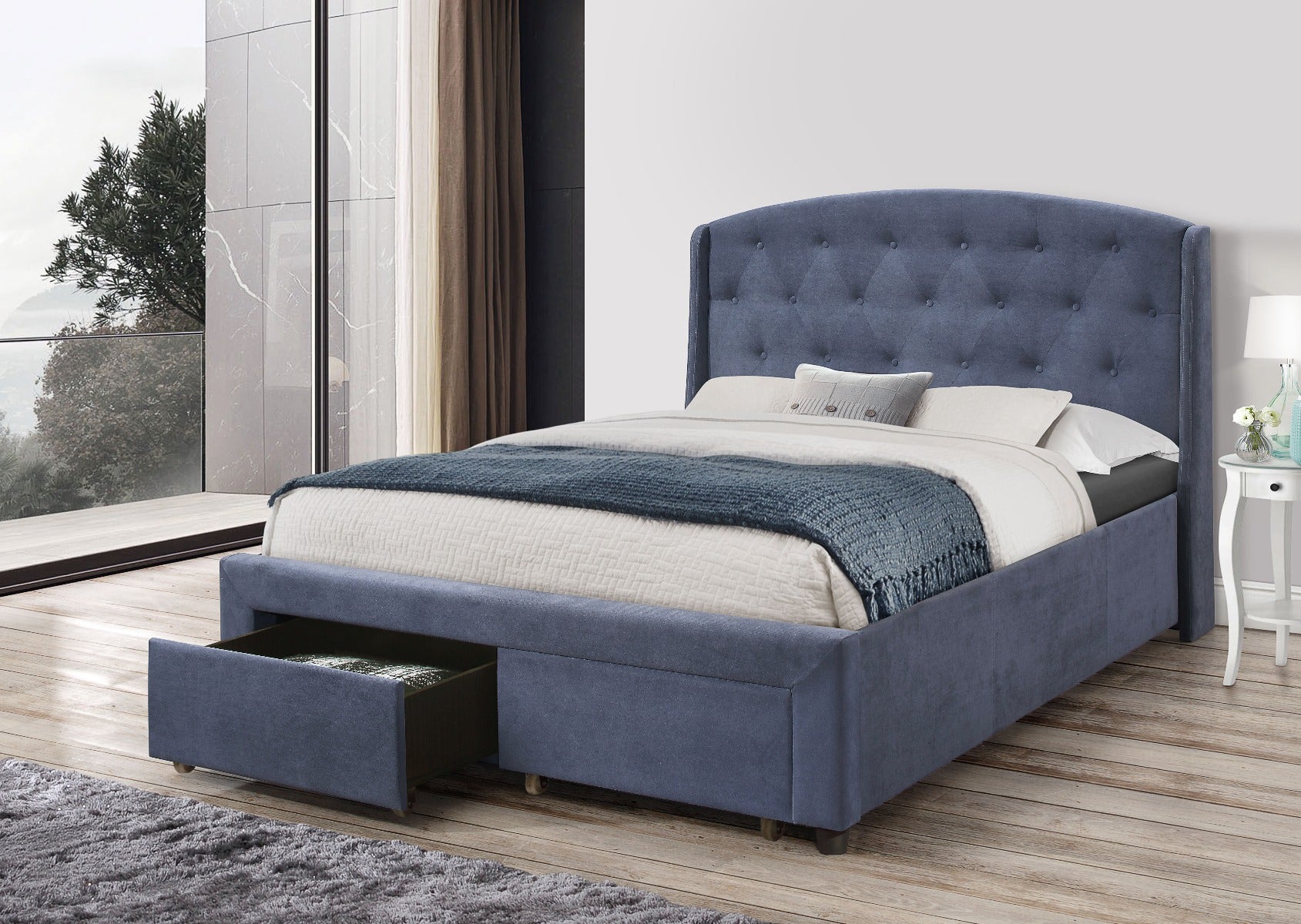 Stella Bedframe Queen Size Navy Blue