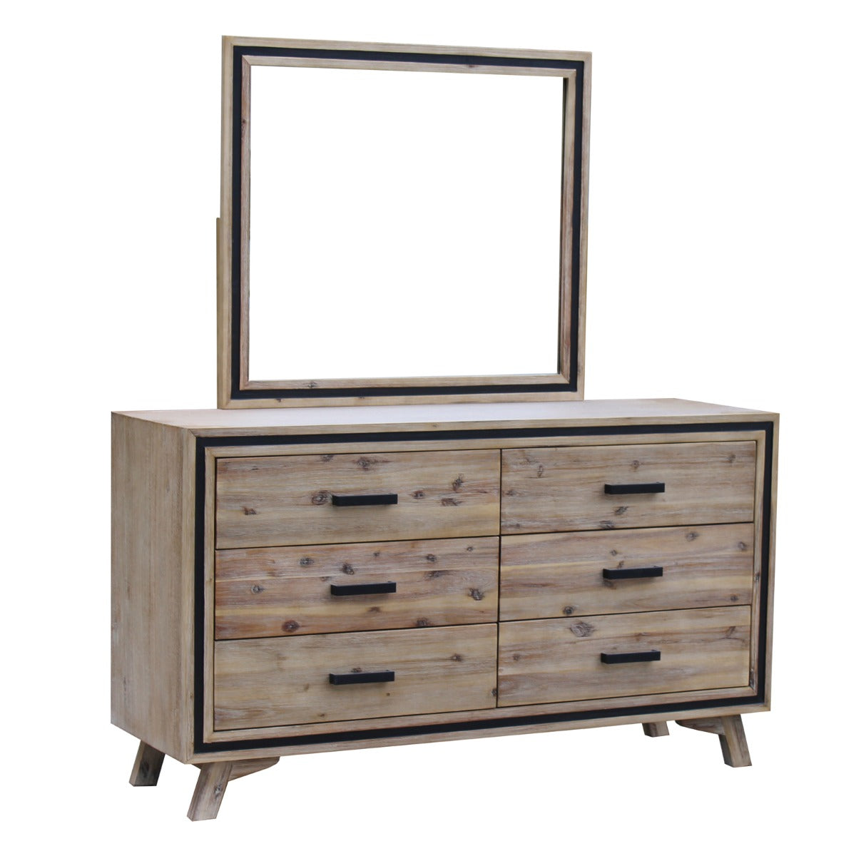 Minimal 6-Drawer Dresser with Mirror, Solid Acacia Frame