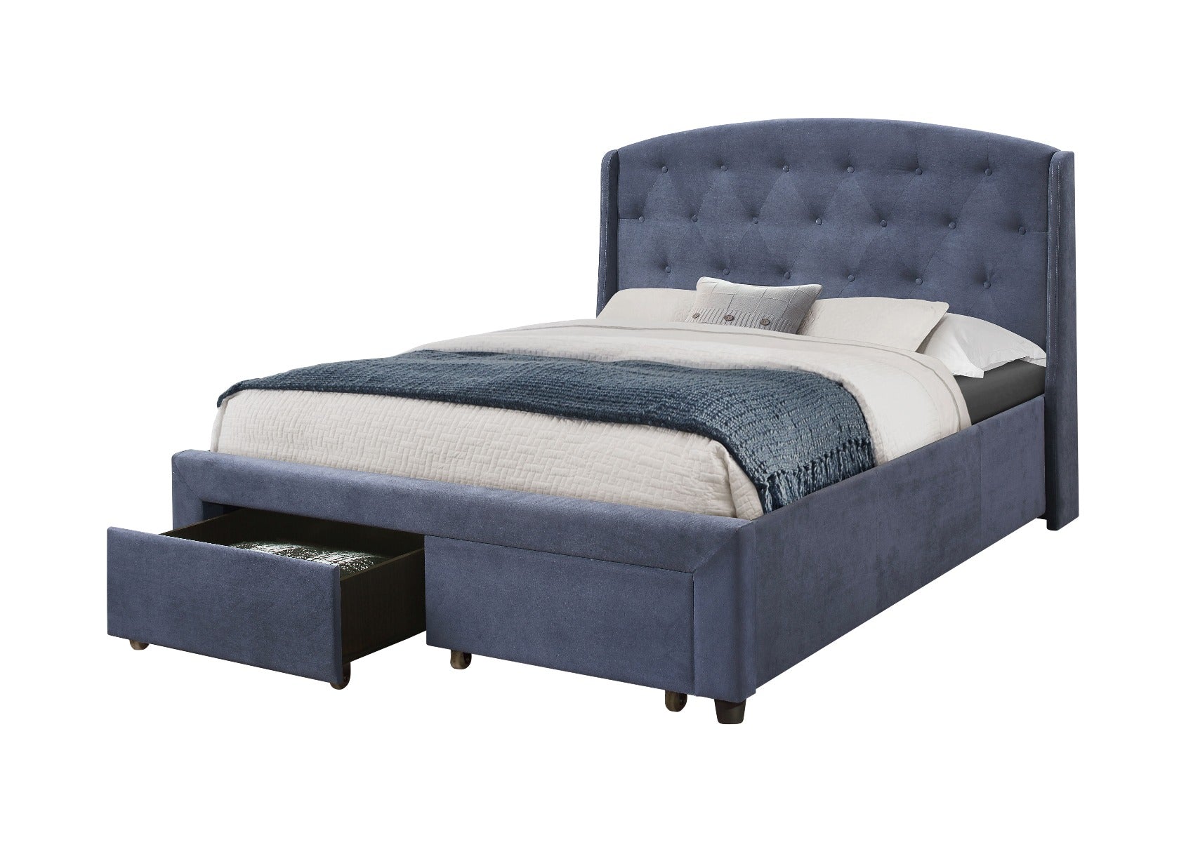 Navy Upholstered Queen Storage Bed with Drawers, Metal Support