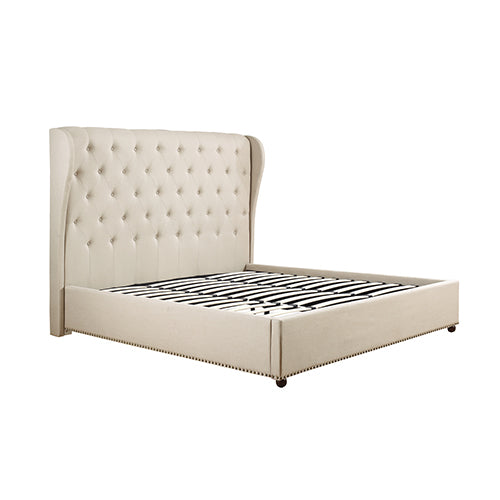 Beige Upholstered High Bedhead Queen Bed Frame, Sturdy