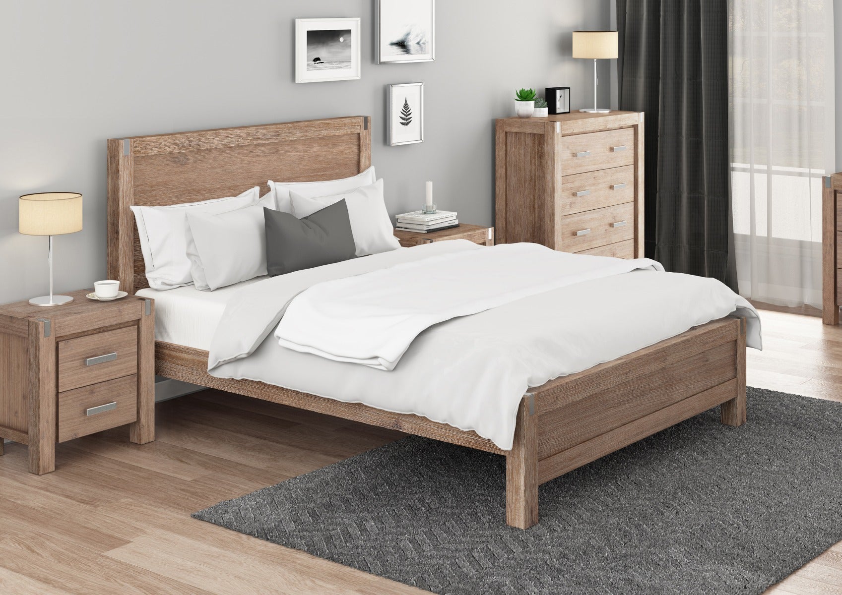 Solid Acacia King Size Bed Frame, Oak Finish Timber Slats