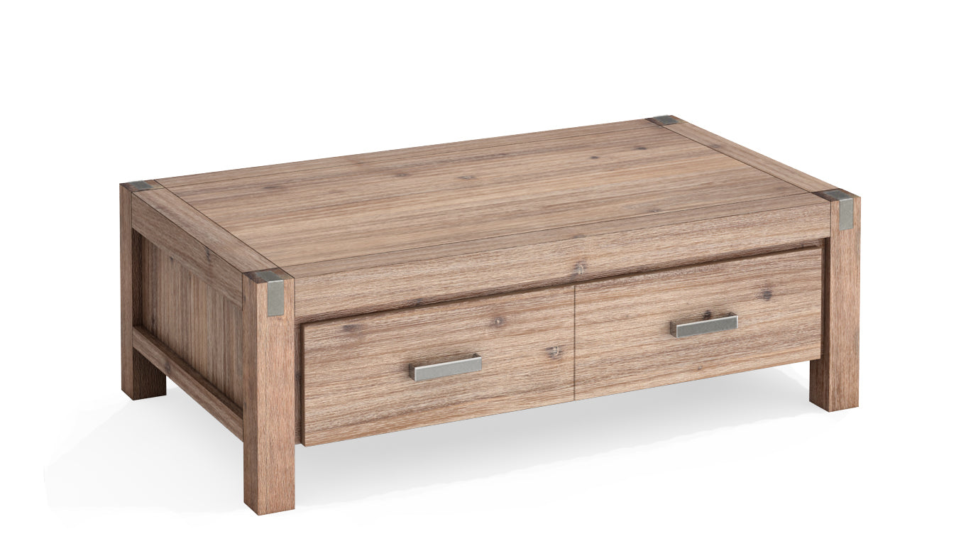 Solid Acacia Coffee Table, 2 Drawers, Oak Color, Metal Finish