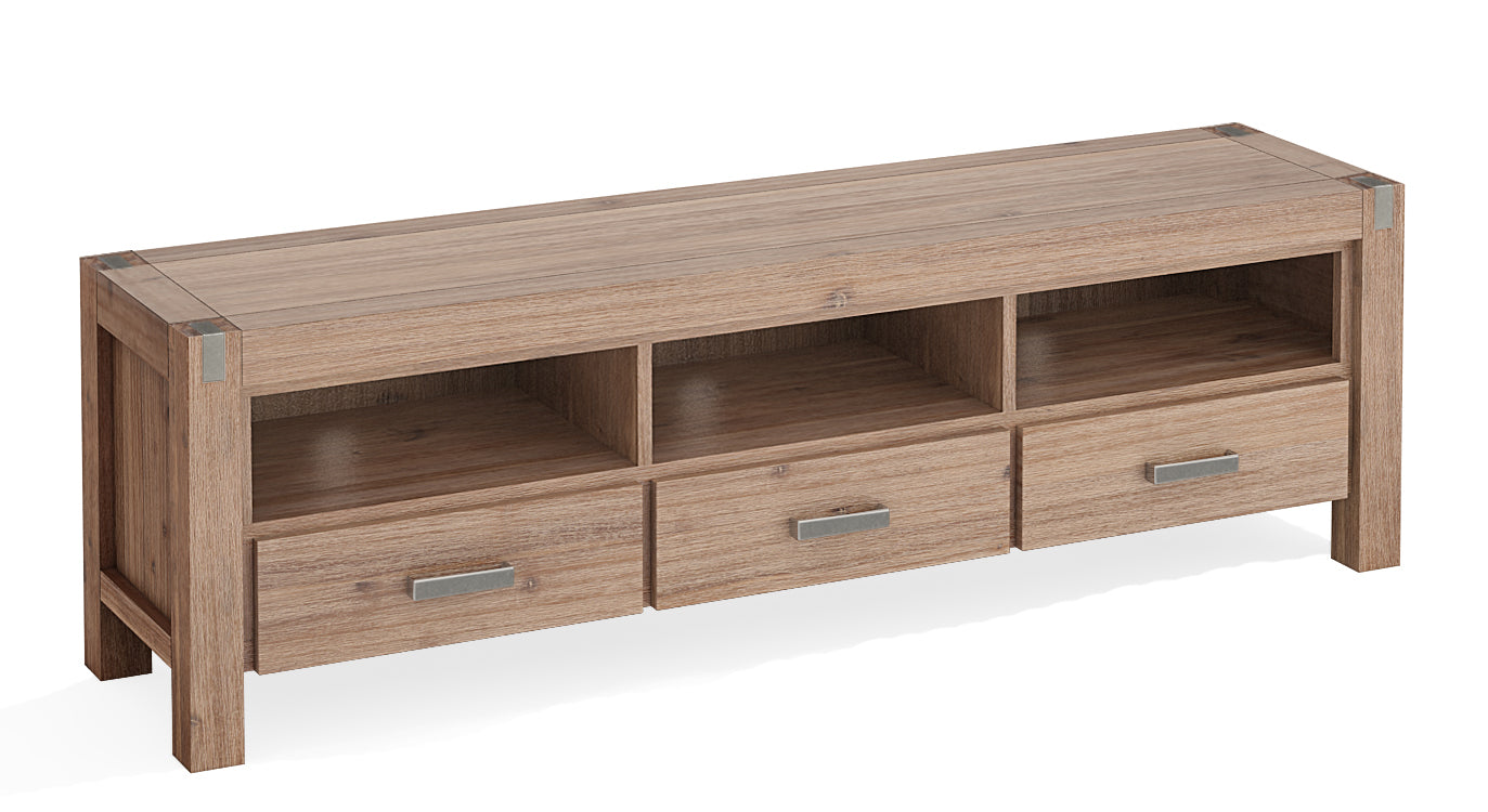 Solid Acacia TV Cabinet, 3 Drawers, Oak, Metal Finish