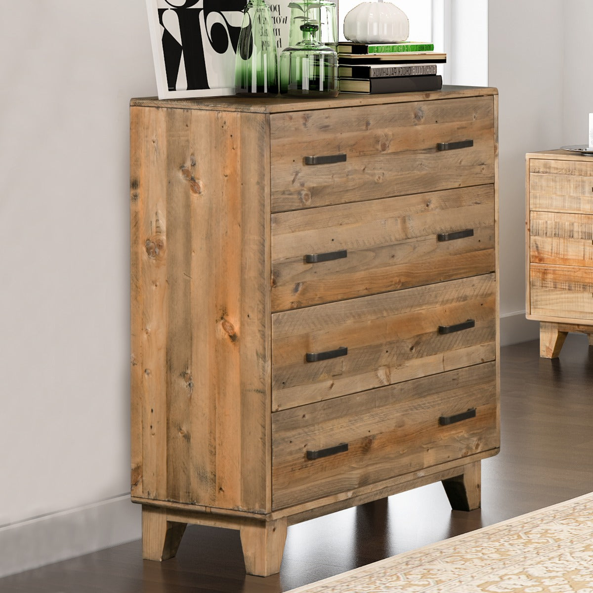 Rustic Wooden Tallboy with 4 Drawers and Metal Handles