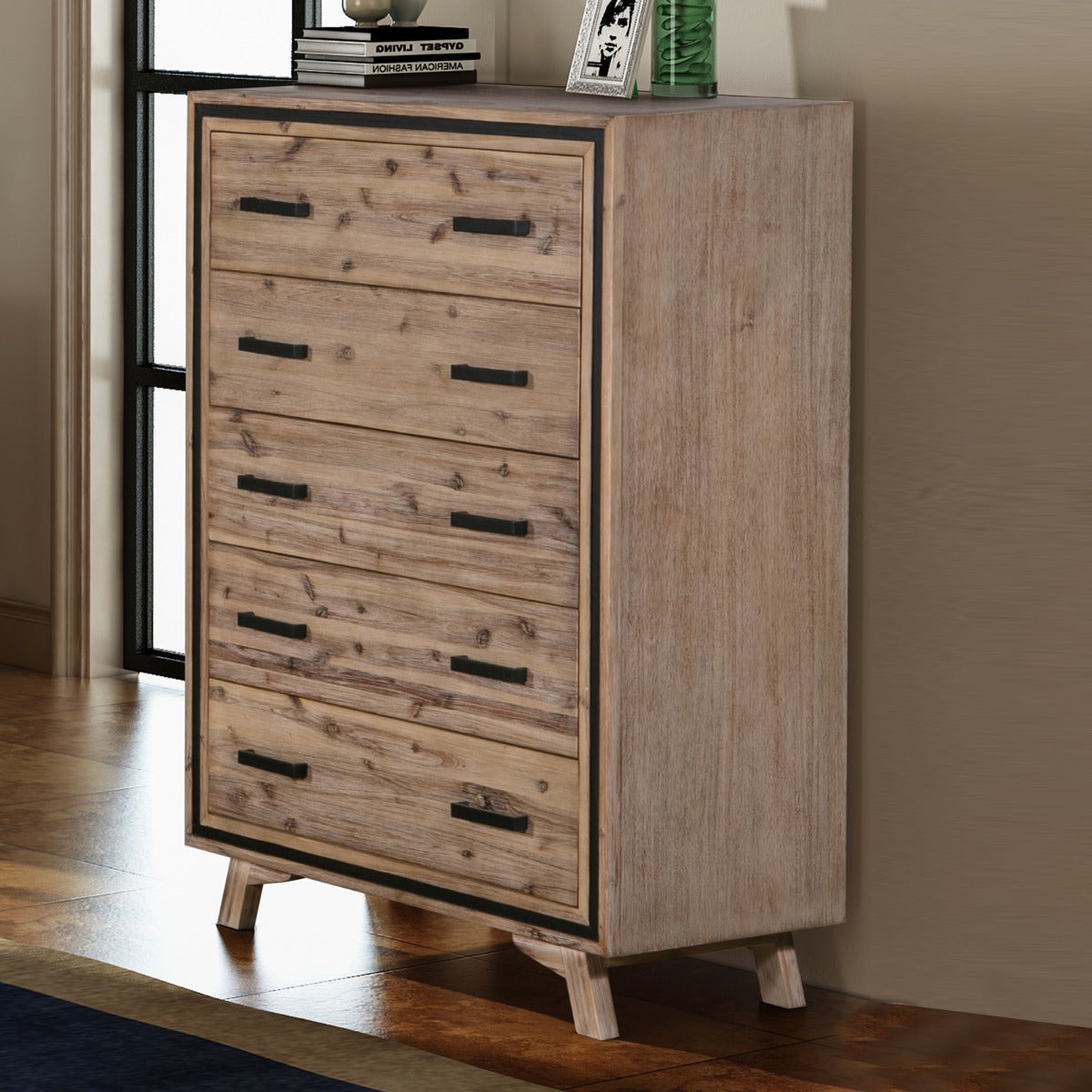 Acacia Frame Tallboy with 5 Metal Handle Drawers in Silver