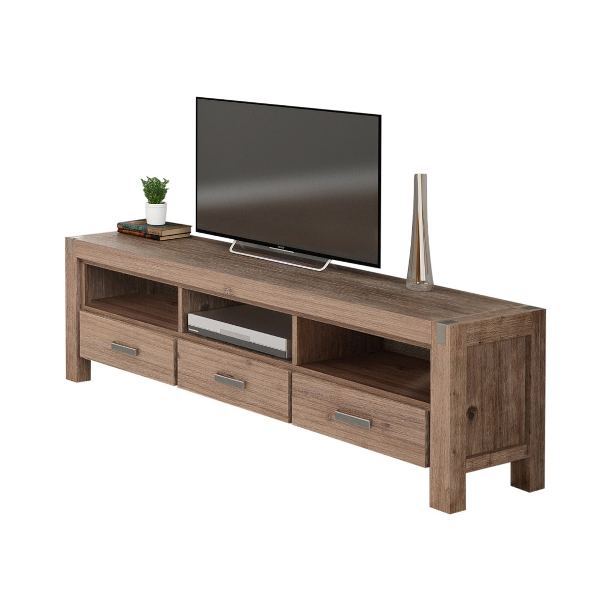 Solid Acacia TV Cabinet, 3 Drawers, Oak, Metal Finish