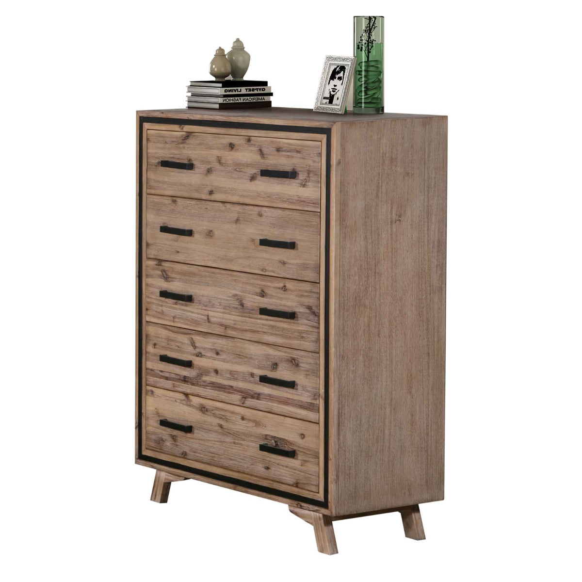 Acacia Frame Tallboy with 5 Metal Handle Drawers in Silver