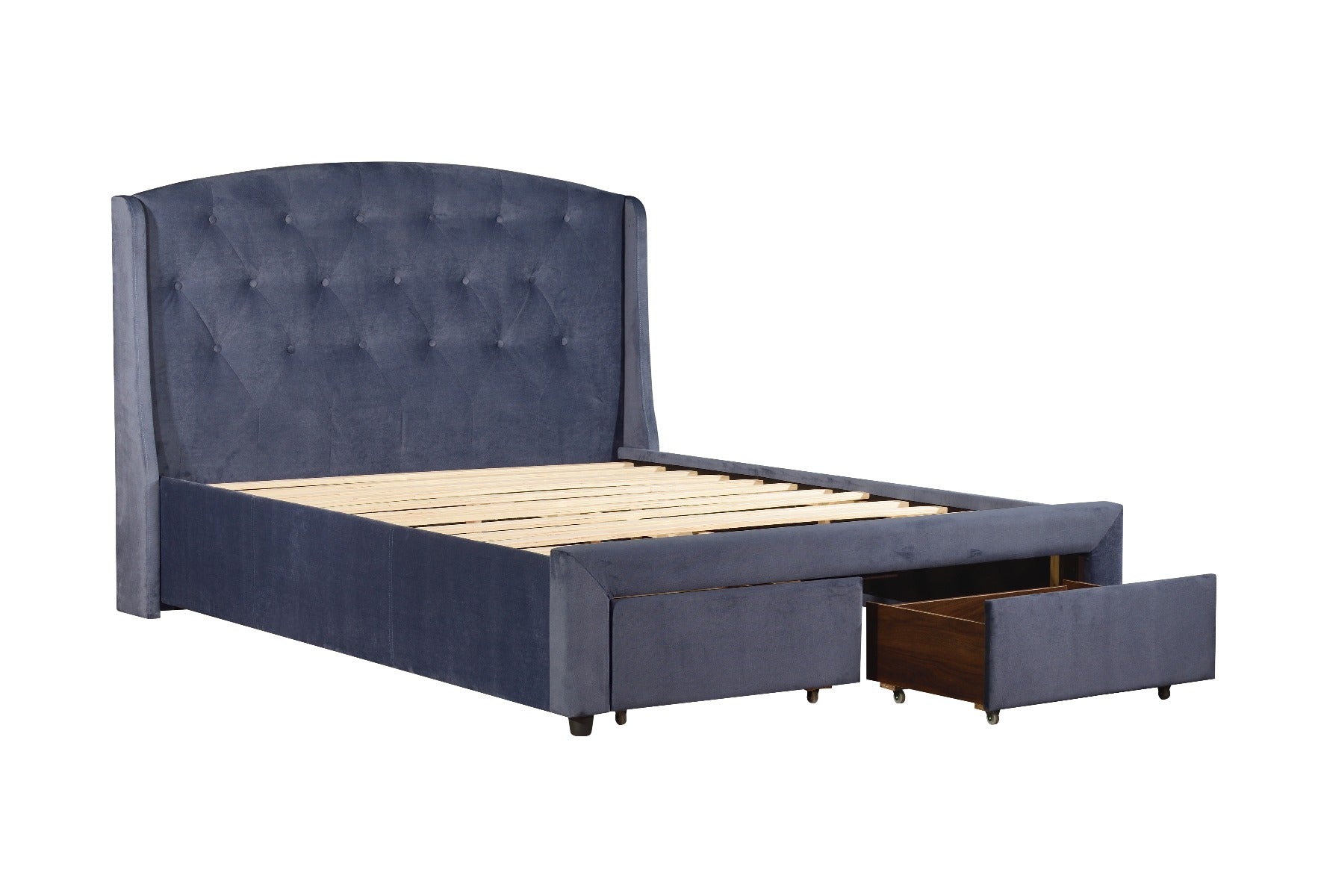 Navy Upholstered Queen Storage Bed with Drawers, Metal Support