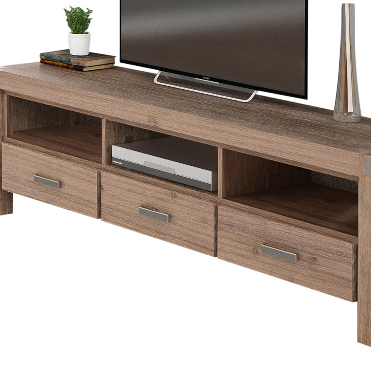 Solid Acacia TV Cabinet, 3 Drawers, Oak, Metal Finish