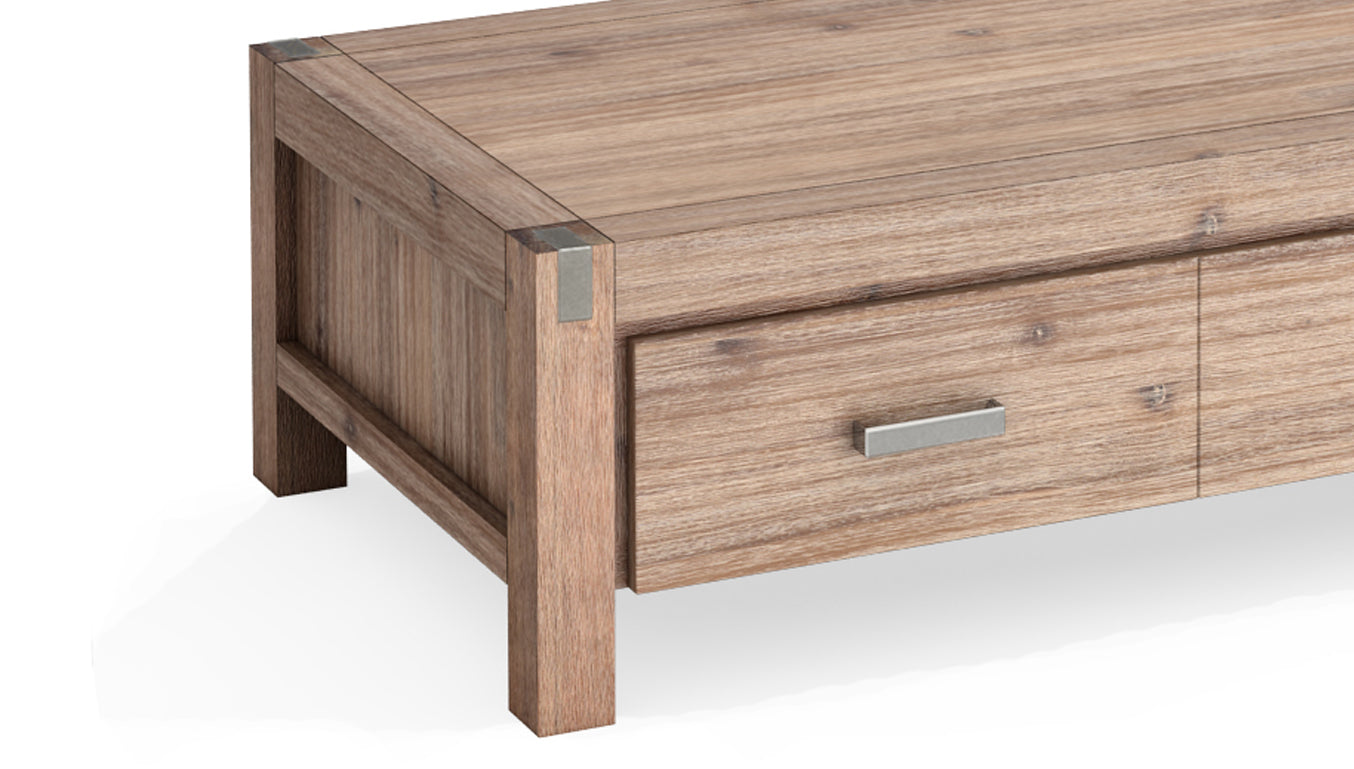 Solid Acacia Coffee Table, 2 Drawers, Oak Color, Metal Finish