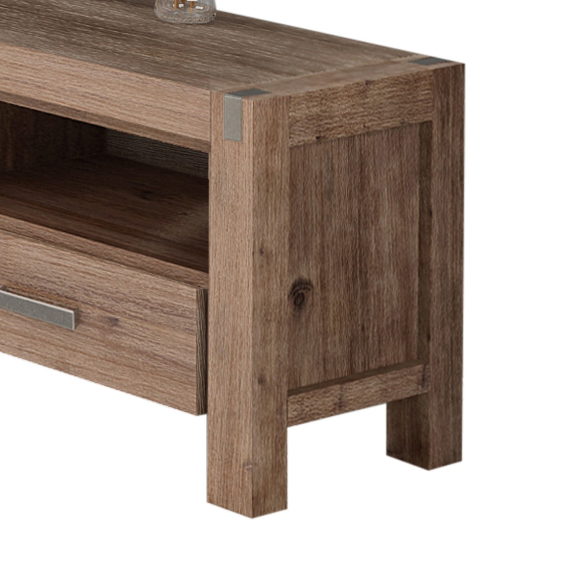 Solid Acacia TV Cabinet, 3 Drawers, Oak, Metal Finish