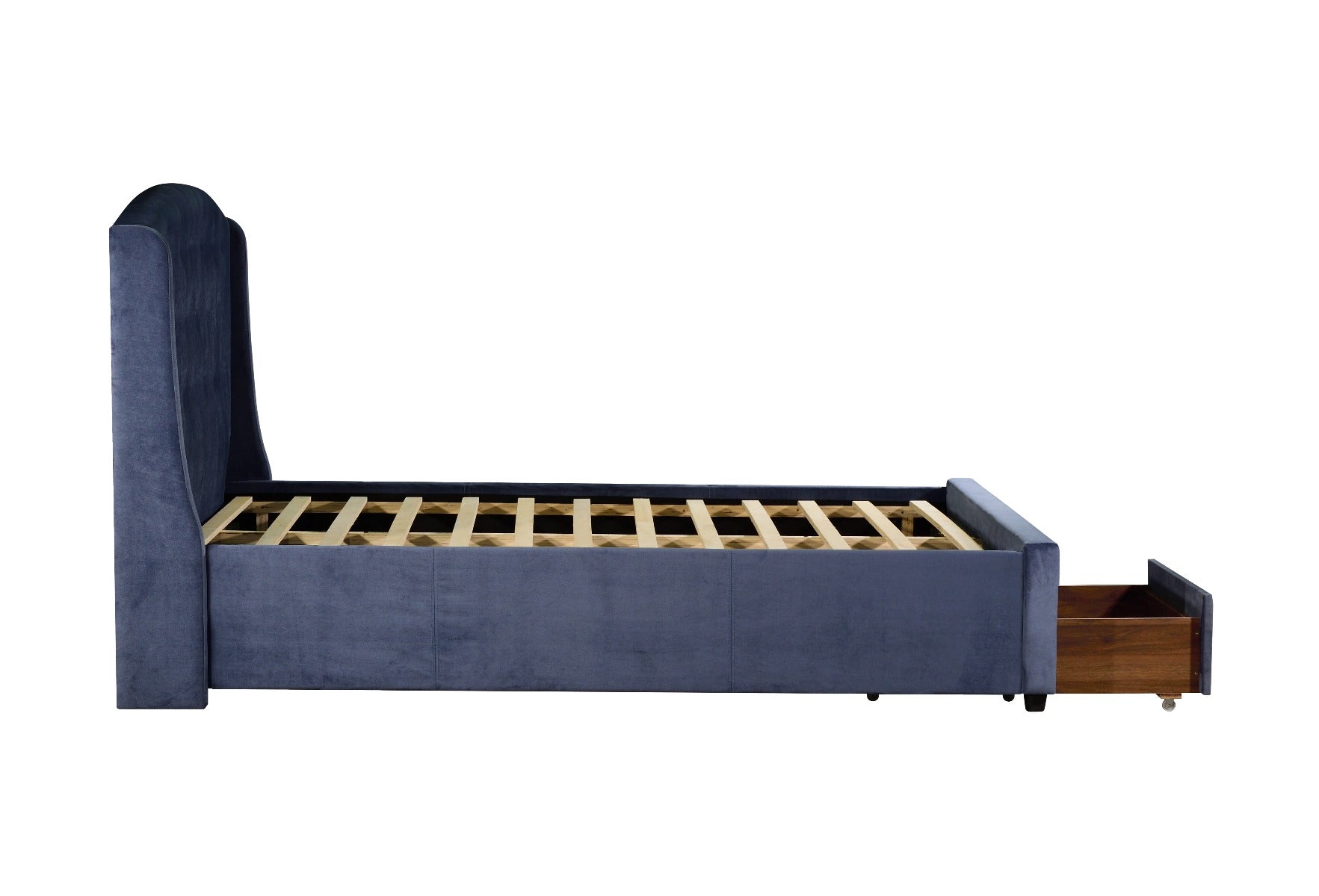 Navy Upholstered Queen Storage Bed with Drawers, Metal Support