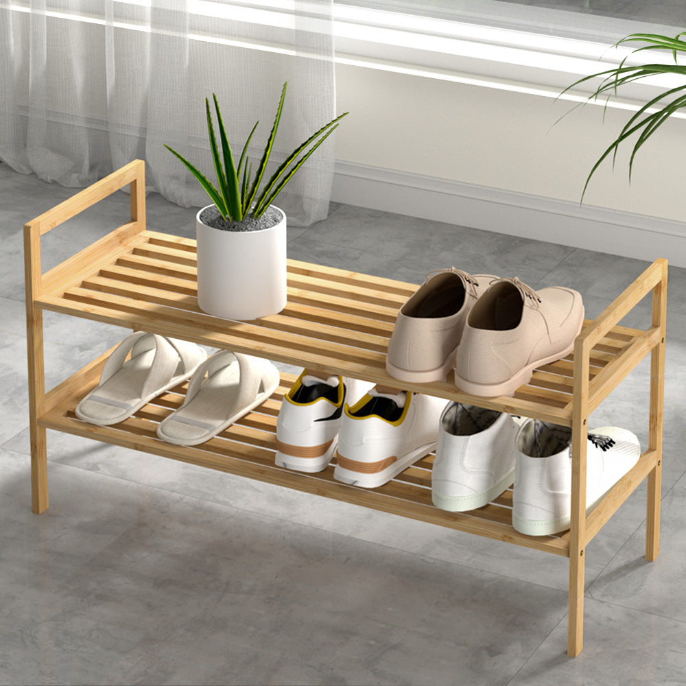 Artiss Shoe Rack Bamboo Storage Cabinet 2 Tiers Portable Organizer Shelf Pine