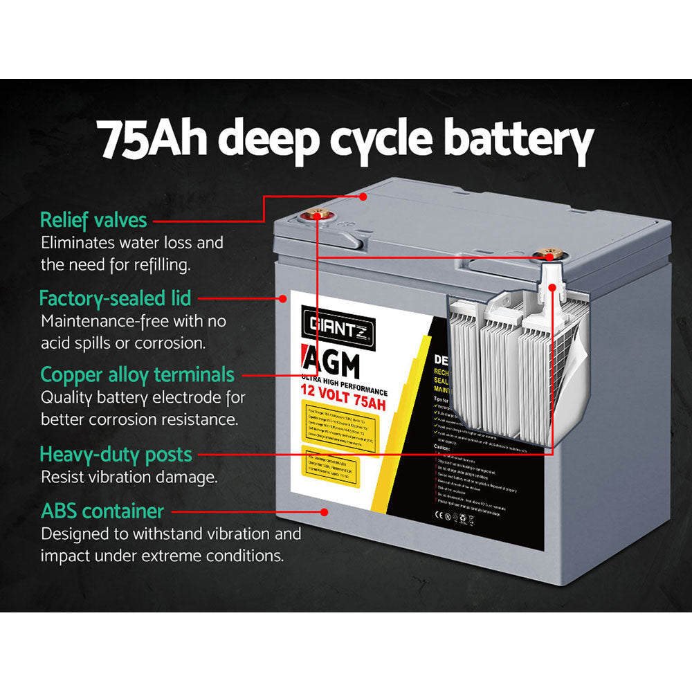 Giantz AGM Deep Cycle Battery 12V 75Ah x2 Box Portable Solar Caravan Camping