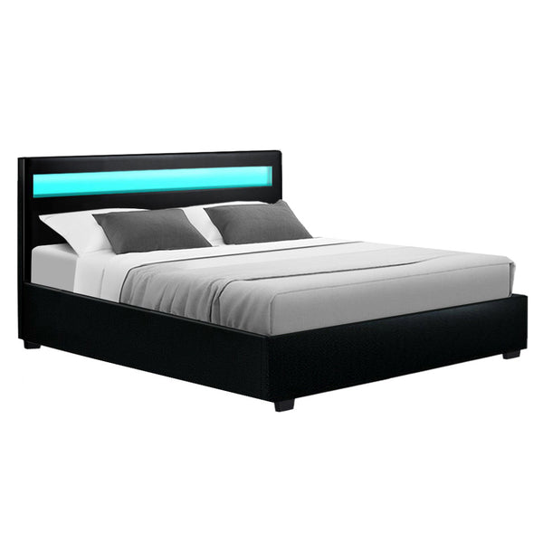 Artiss Cole LED Bed Frame PU Leather Gas Lift Storage - Black Queen