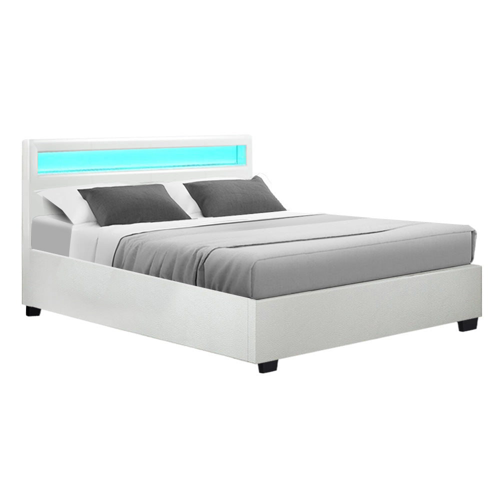 Artiss Bed Frame Queen Size LED Gas Lift White COLE