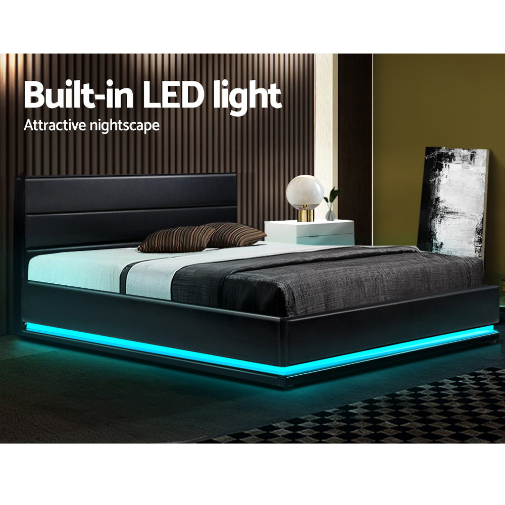 Artiss Bed Frame Double Size LED Gas Lift Black LUMI