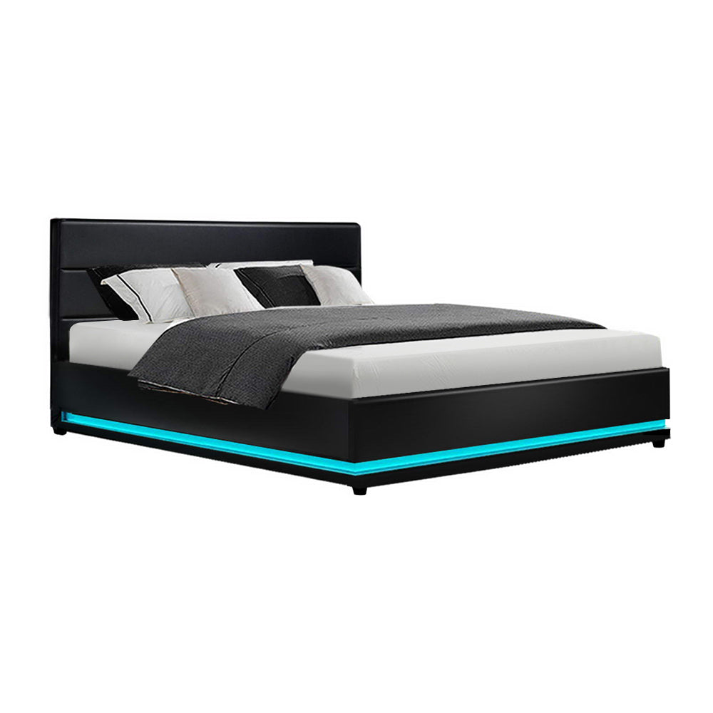 Artiss Bed Frame Queen Size LED Gas Lift Black LUMI