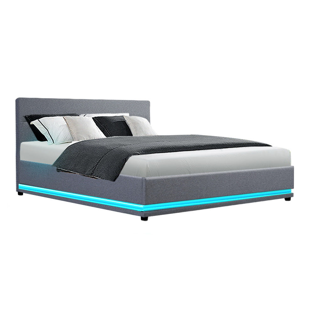 Artiss Bed Frame Queen Size LED Gas Lift Grey LUMI