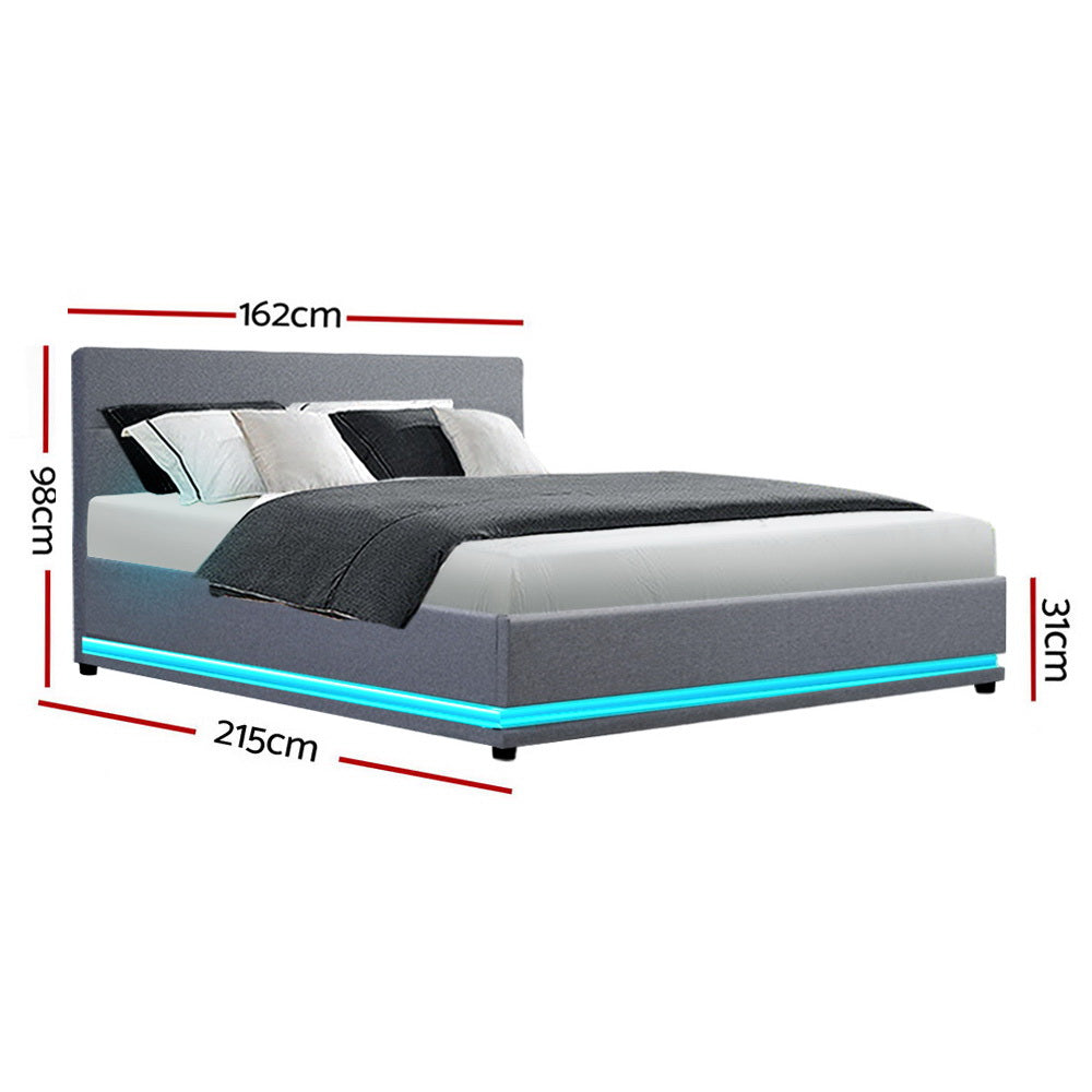 Artiss Bed Frame Queen Size LED Gas Lift Grey LUMI