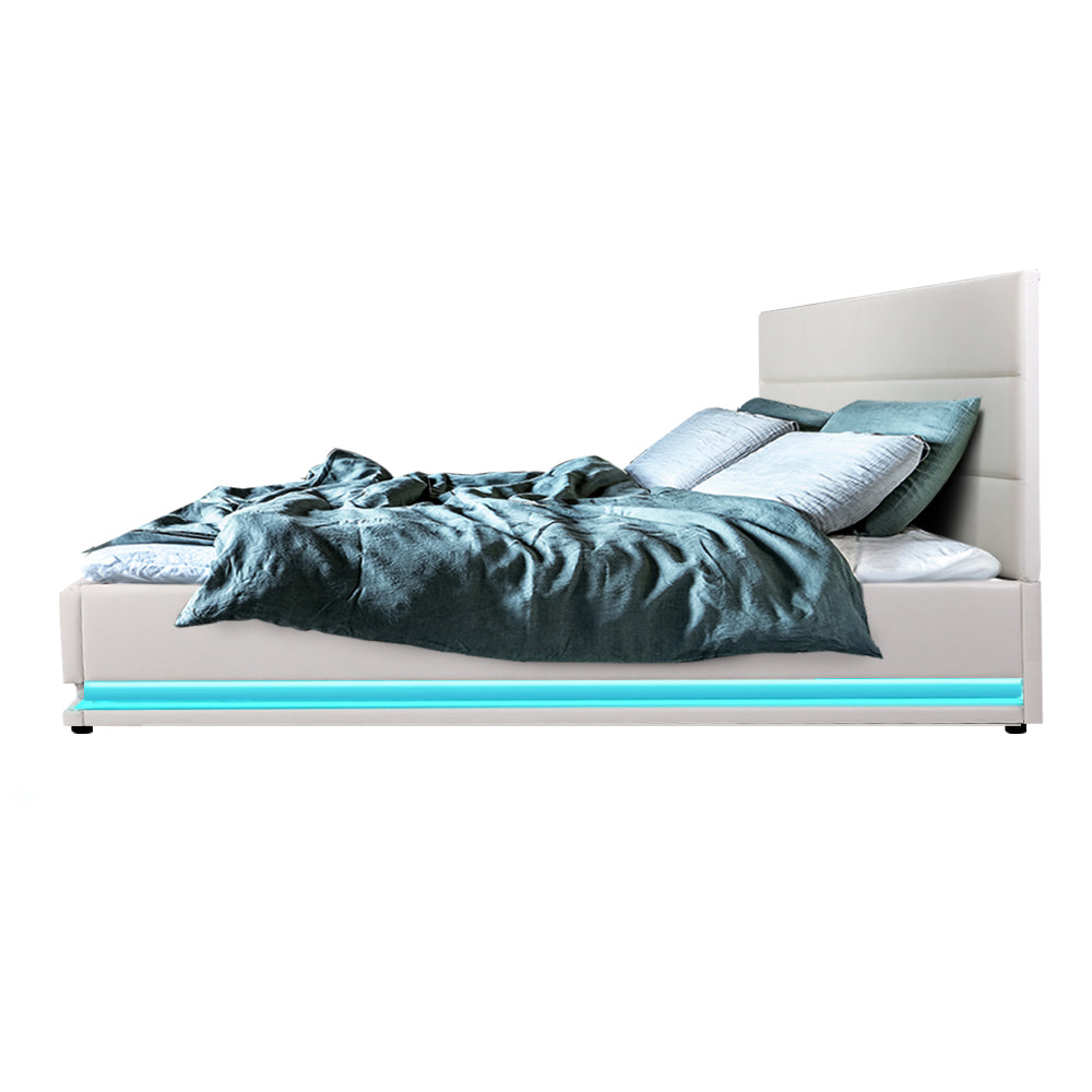 Artiss Bed Frame Queen Size LED Gas Lift White LUMI