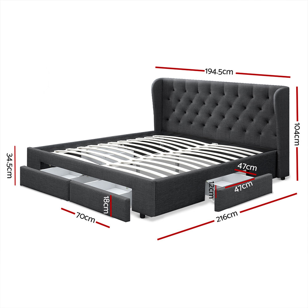 Artiss Bed Frame King Size with 4 Drawers Charcoal MILA