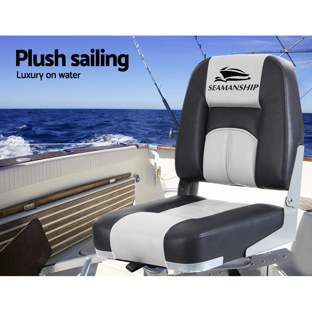 Seamanship 2X Folding Boat Seats Marine Seat Swivel Low Back 10cm Padding Grey