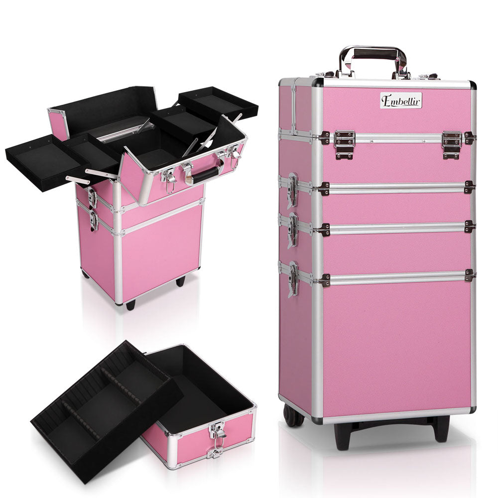 Embellir Makeup Case Beauty Trolley Cosmetic Organiser Box Travel Wheels Pink