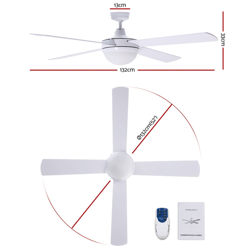 Devanti 52'' Ceiling Fan w/Light w/Remote Timer - White