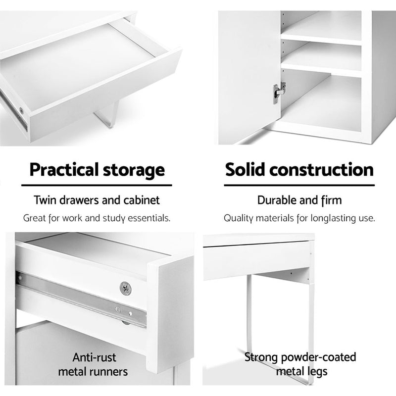 Artiss Metal Desk With Storage Cabinets - White | Tanstella