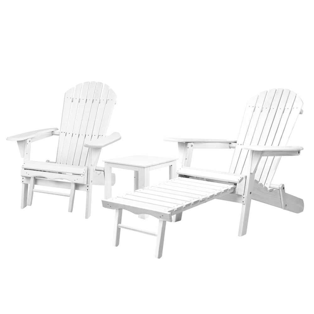 Gardeon 3PC Adirondack Outdoor Table and Chairs Wooden Sun Lounge Beach Patio White