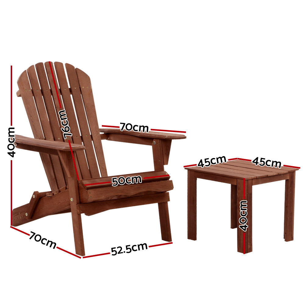Gardeon 3PC Adirondack Outdoor Table and Chairs Wooden Foldable Beach Chair Brown