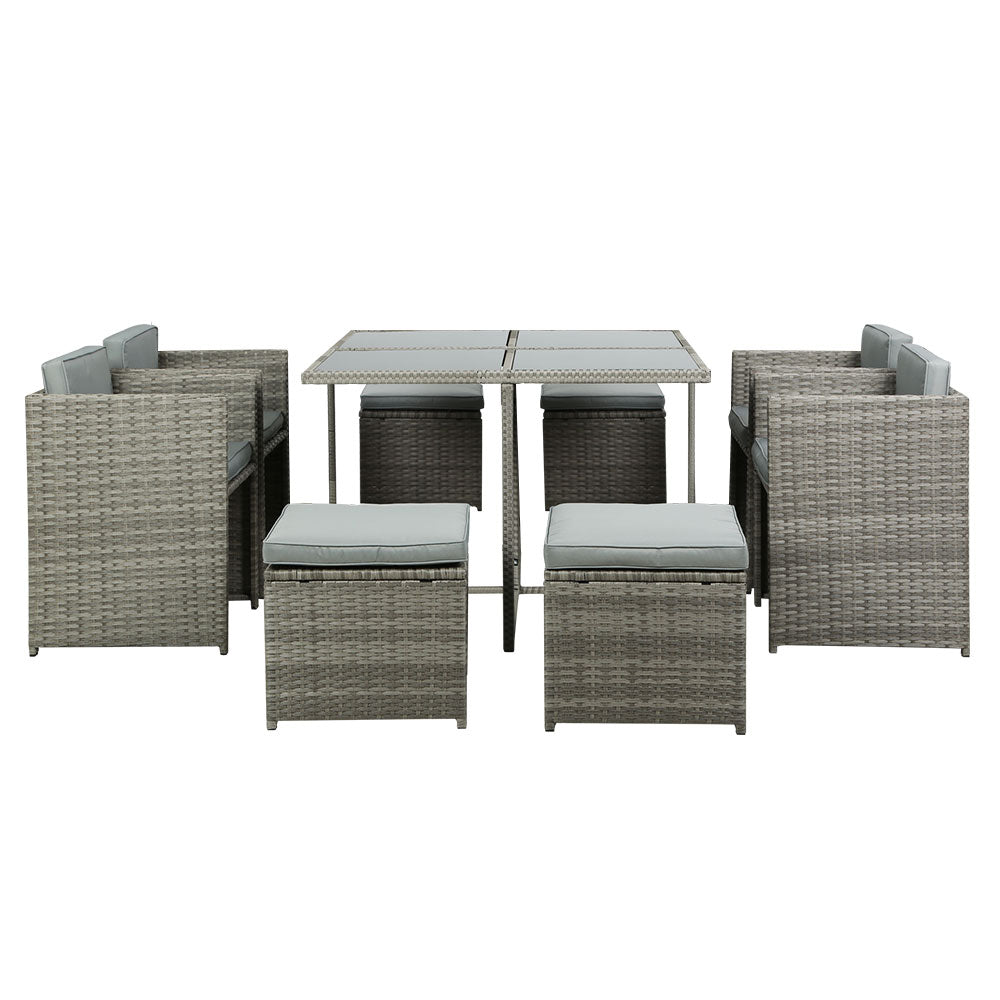 Gardeon Outdoor Dining Set 9 Piece Wicker Table Chairs Setting Grey
