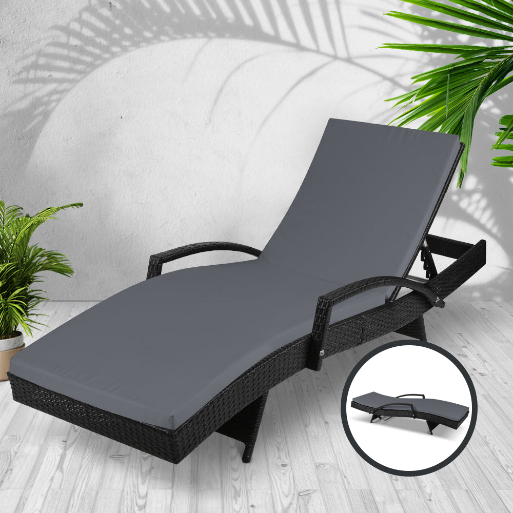 Gardeon Sun Lounge Wicker Lounger Outdoor Furniture Beach Chair Patio Adjustable Cushion Black