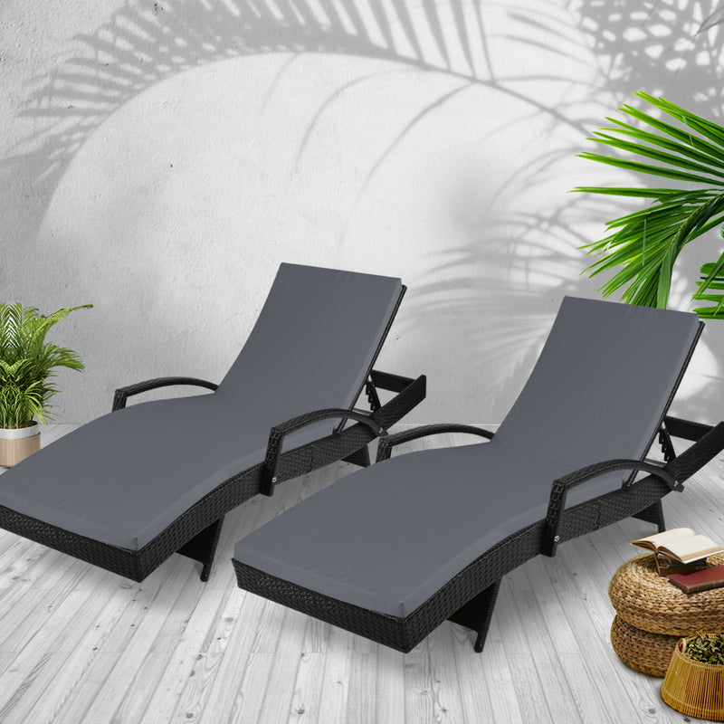 Gardeon Set of 2 Outdoor Sun Lounge Chair with Cushion - Black