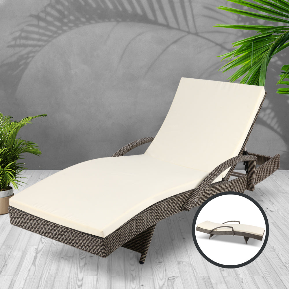 Gardeon Sun Lounge Wicker Lounger Outdoor Furniture Beach Chair Patio Adjustable Cushion Grey&Beige