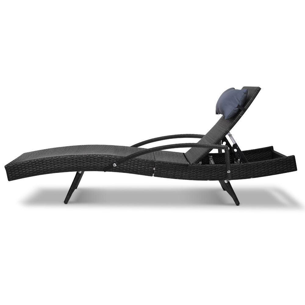 Gardeon 2x Sun Lounge Wicker Lounger Outdoor Furniture Beach Chair Armrest Adjustable Black
