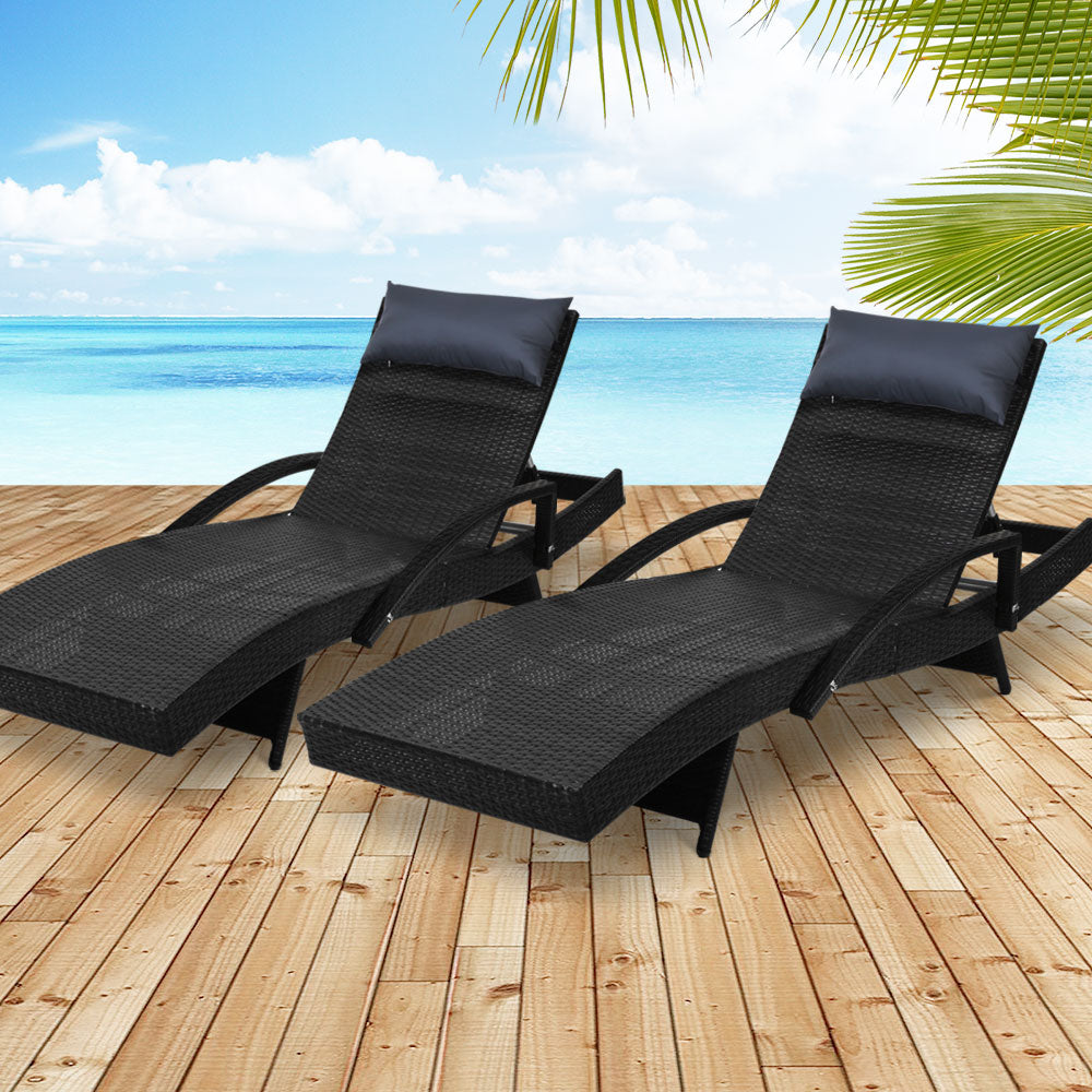 Gardeon 2x Sun Lounge Wicker Lounger Outdoor Furniture Beach Chair Armrest Adjustable Black