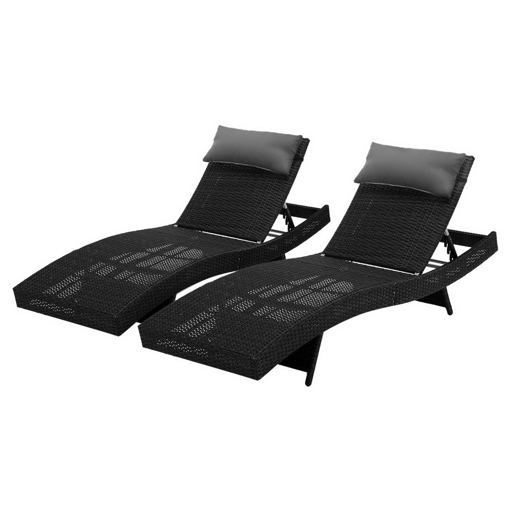 Gardeon 2PC Sun Lounge Wicker Lounger Outdoor Furniture Beach Chair Garden Adjustable Black