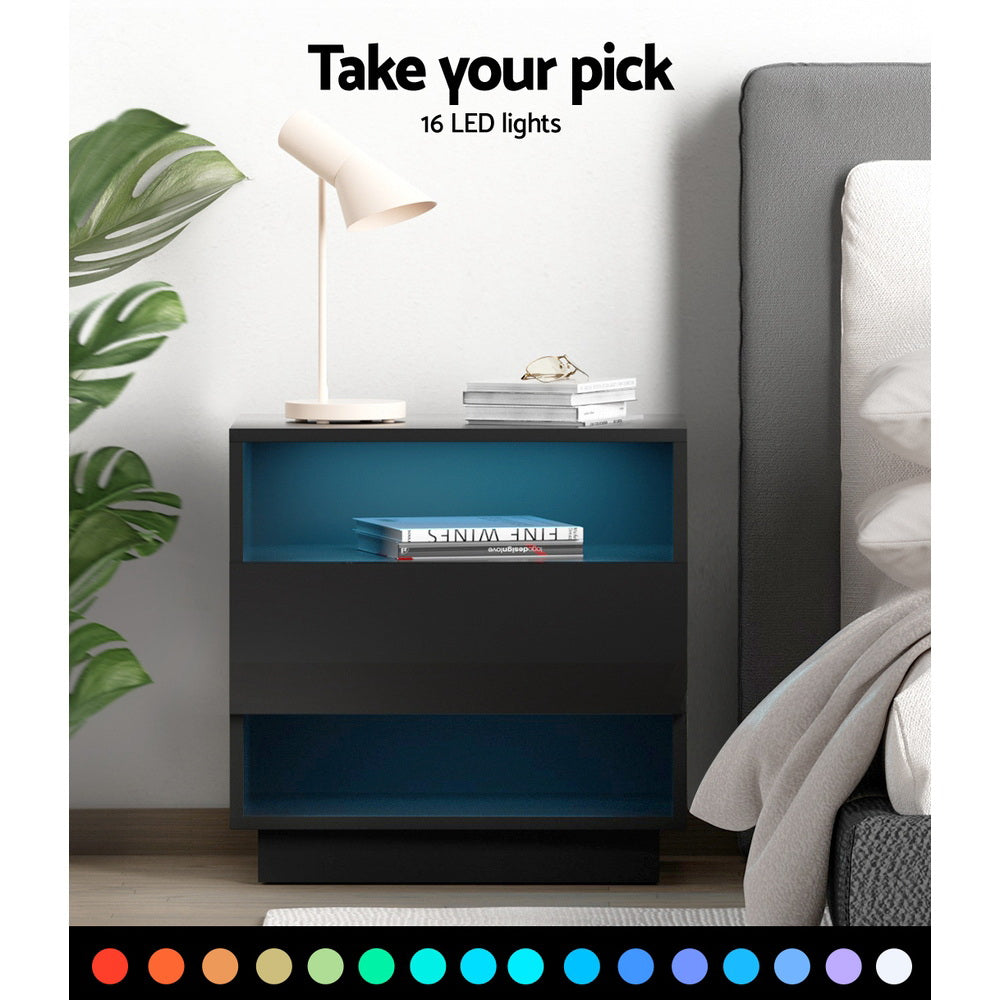 Customizable LED Black Bedside Table with Drawers and Shelves - Artiss