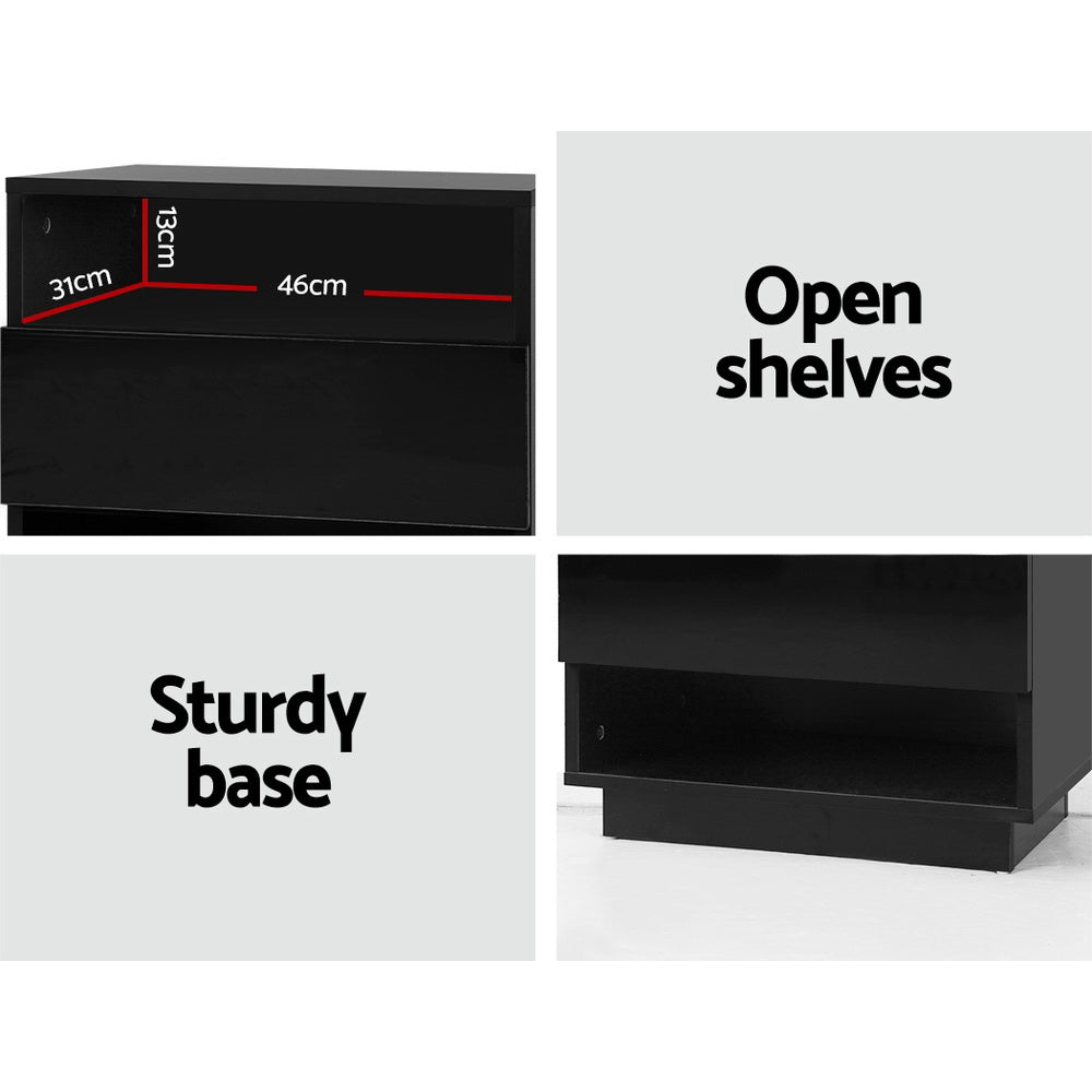 Customizable LED Black Bedside Table with Drawers and Shelves - Artiss