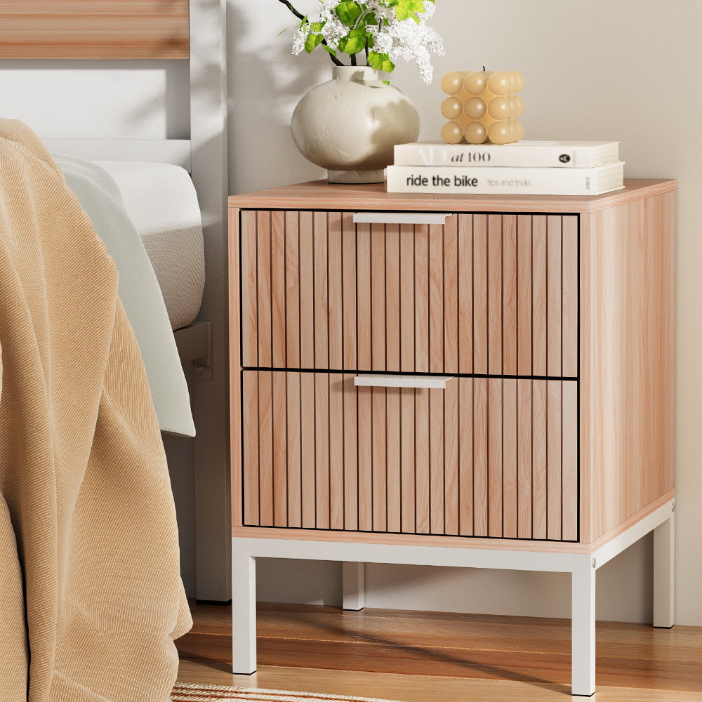 Fluted Nightstand with 2 Drawers, Metal Legs - Artiss