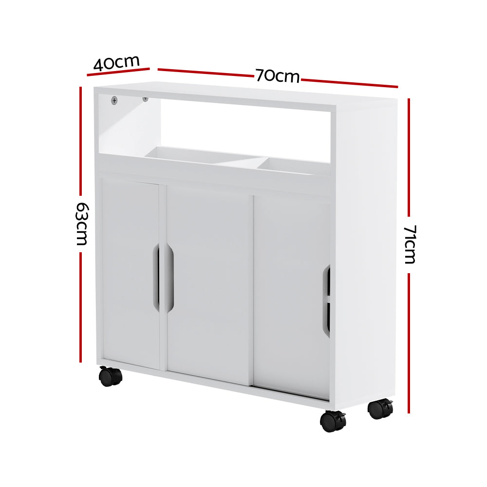 Artiss Bathroom Storage Cabinet Toilet Caddy Shelf 3 Doors With Wheels White