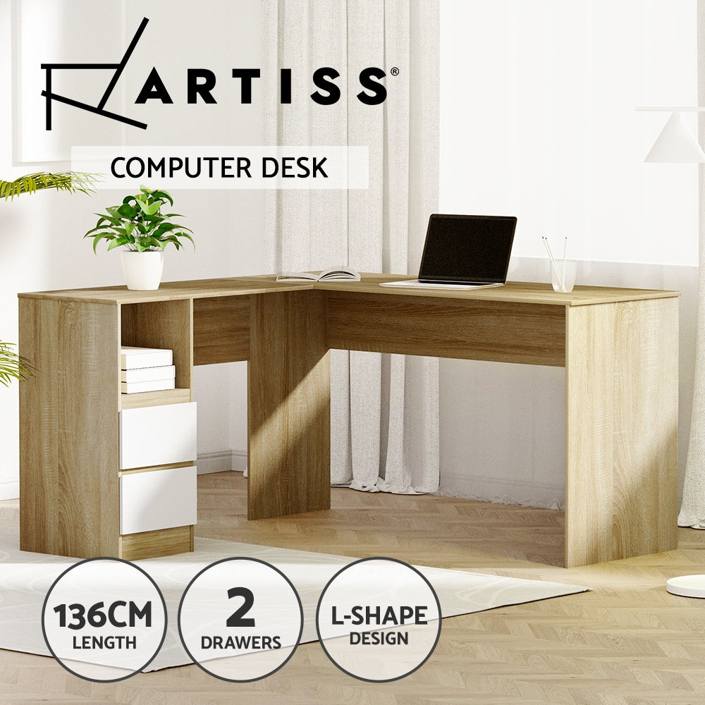 Artiss Computer Desk Drawer Cabinet L-Shape Oak 136CM